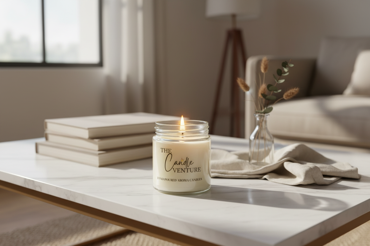 Candle with 'The Candle Venture' label on a light surface with matches.